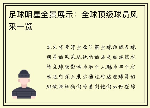 足球明星全景展示：全球顶级球员风采一览